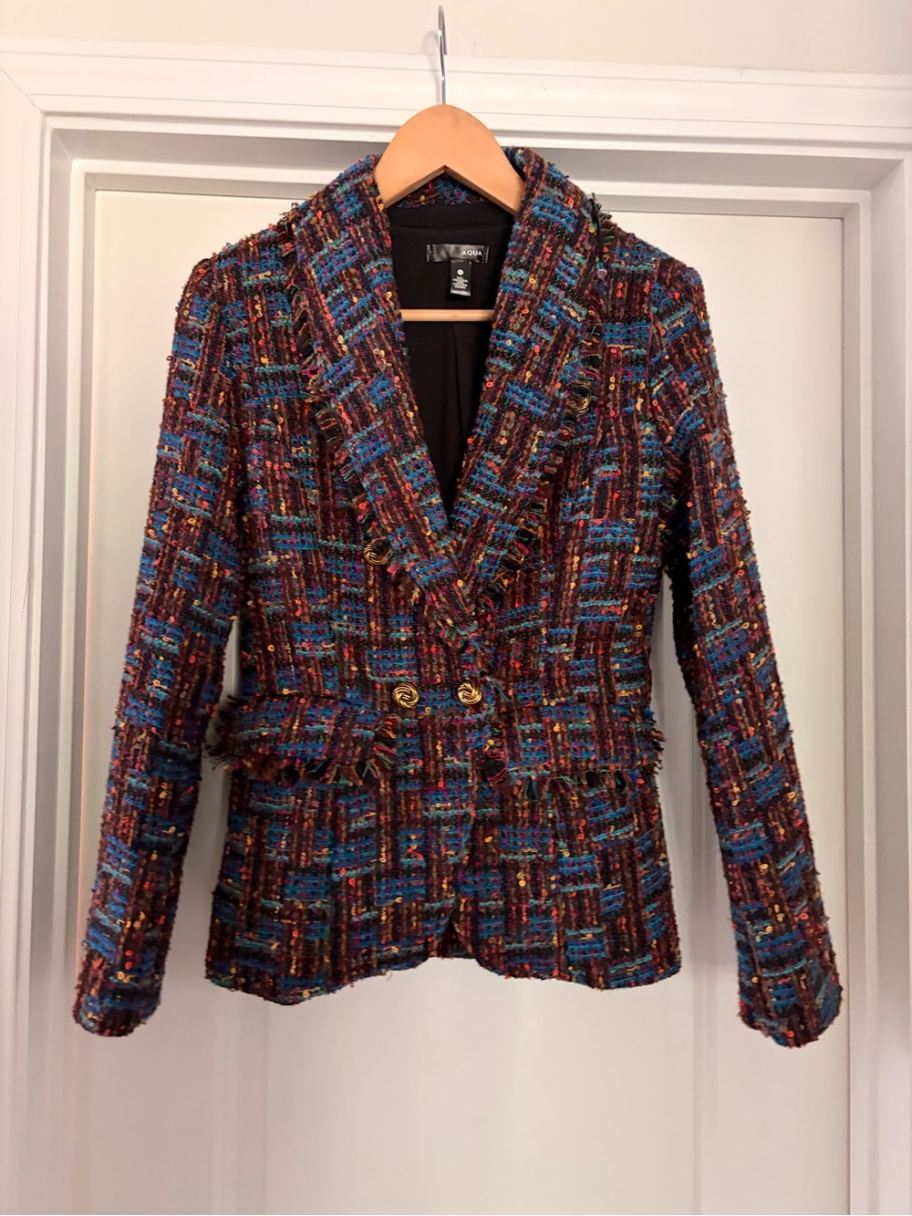 AQUA Bloomingdale’s Multicolor Tweed Double-Breasted Blazer Size Small